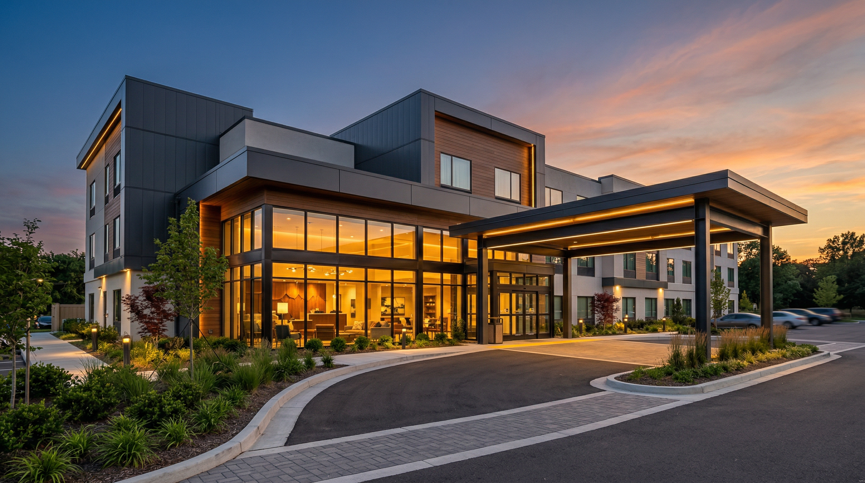 Luxury hotel exterior at twilight